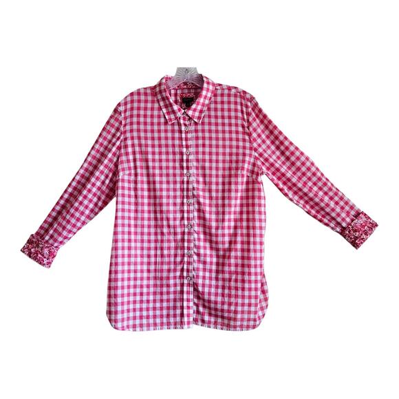 TALBOTS Women's L Blouse Pink White Gingham Check Contrast Cuffs Button Up 42" - Picture 1 of 7